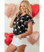 Black Preppy Vibes Bow Print Zipped Collar Sweater Tee - $30.71 CAD