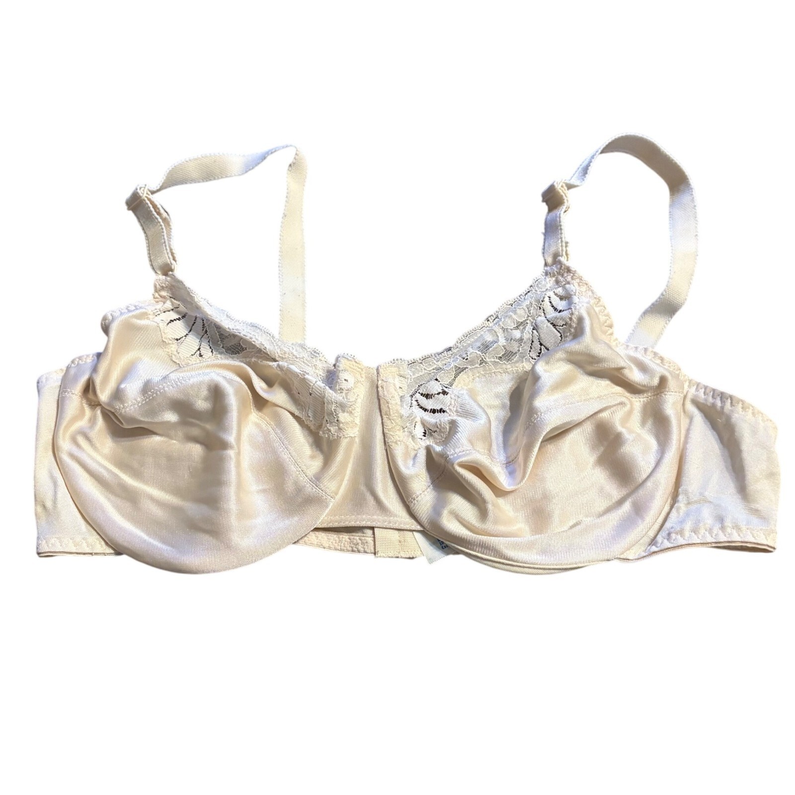 Vintage 38C Beige Satin &amp; Lace Underwire Bra Made In USA #4274 - $24.00