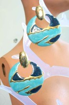 Art Moderne Aqua &amp; Blue Enamel Gold-tone Hoop Pierced Earrings 1980s vint 1 3/4&quot; - £9.71 GBP