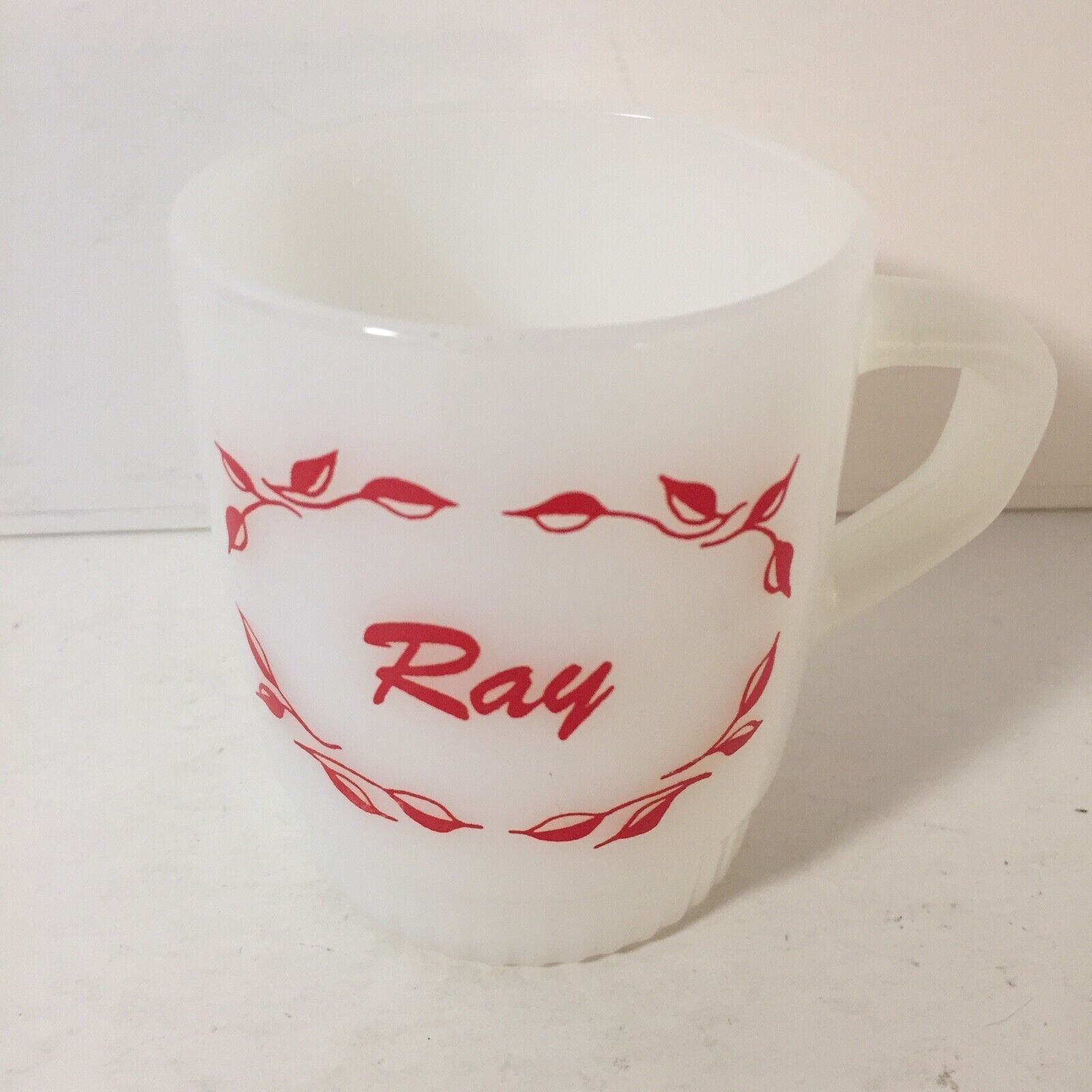 Fire-King Ware Coffee Mug Anchor Hocking Personalized Name RAY Red Ribbed Bottom - $24.73