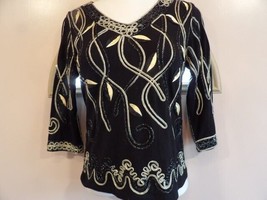 Lauren Michelle Sweater Top PM Black Gold Metallic Bling Embellished - £12.05 GBP