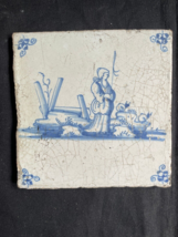 Nice Dutch Delft Blue tile, shepherd and sheep, circa 1700 - $95.00
