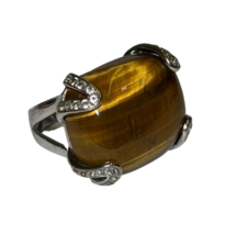 Tiger&#39;s Eye With CZ Ring .925 Sterling Silver Statement Ring Size 7.5 - $93.10