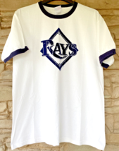 Tampa Bay Rays Ringer T Shirt 2008 Felt Logo Mens LARGE Majestic Wht Preshrunk - £20.94 GBP