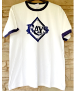 Tampa Bay Rays Ringer T Shirt 2008 Felt Logo Mens LARGE Majestic Wht Pre... - £20.54 GBP