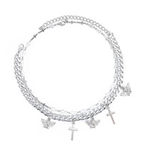 Layered Choker Necklace Chains Silver Angel Cross - £27.94 GBP