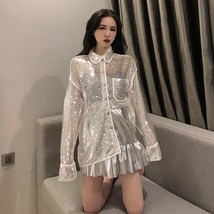 2022 Spring New Woman Blingbling Glitter Mid-length Shirts White Single-breasted - £99.62 GBP