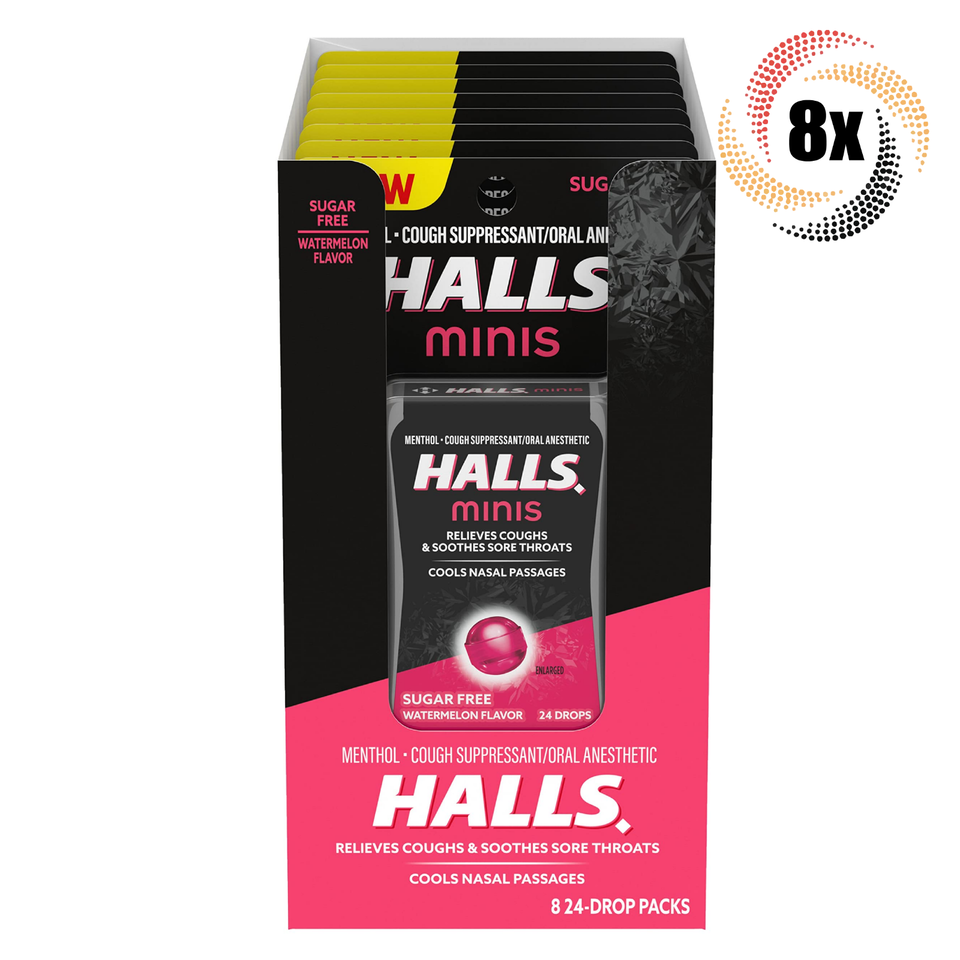 Full Box 8x Packs HALLS Minis Watermelon Menthol Cough Drops | 24 Drops ... - $44.64