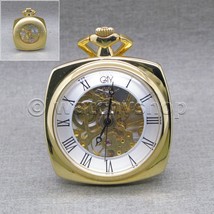 Mechanical Pocket Watch Gold Color Square Watch Skeleton Dial with Fob C... - £18.16 GBP
