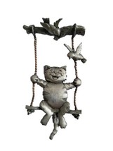 JJ Jonette Pewter Smile Cat On A Swing With Birds Pin Brooch Jewelry Vintage VTG - £11.93 GBP