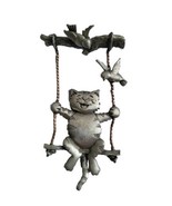 JJ Jonette Pewter Smile Cat On A Swing With Birds Pin Brooch Jewelry Vintage VTG