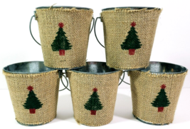 Christmas Metal Tin Pail W/Burlap and Christmas Tree Set of 5 IQ Accesso... - £11.52 GBP