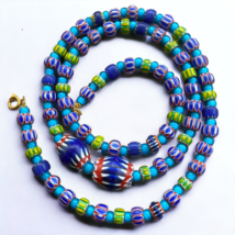 Vintage Chevrons &amp; White Heart Venetian Multilayers Glass Beads Necklace N-206 - £38.31 GBP