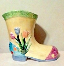 Boot Shaped Planter Vase Yellow Flowers Shovel Pick Decorative Glazed 8 1/4&quot; H - £11.56 GBP