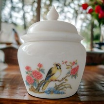 Avon Milk Glass Floral Bird Jar Apothecary Ginger Bathroom Vintage Cotta... - $22.75
