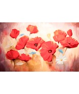 CUADRO DE AMAPOLAS Y MARGARITAS PINTADO AL ÓLEO. AMAPOLAS PINTURA. - $4,334.62 MXN