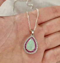 White Fire Opal Water Drop Pendant Necklace Rose Zircon Small Stone Necklace - £36.71 GBP