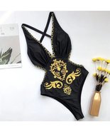 Elegant Black Floral Print Backless Monokini Swimsuit - $55.40