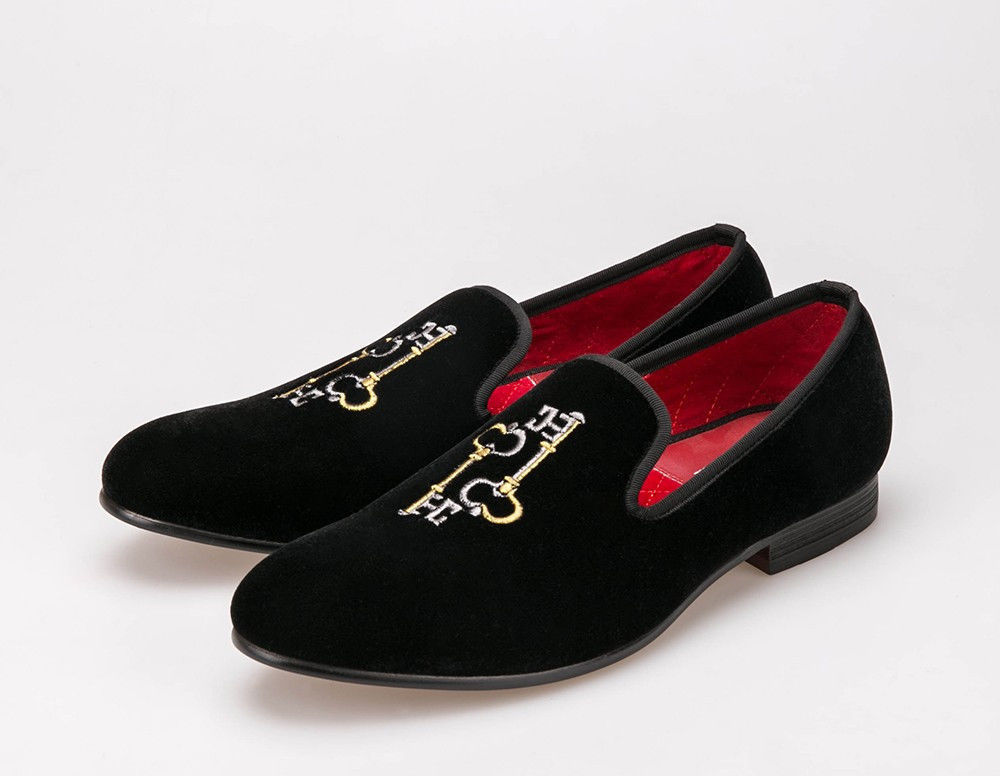 Loafer Slippers Black Velvet Shoes Gold Key Embroidery Patch Premium Quality