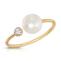 14K Solid Gold Ring With Natural Outside Down Bezel Set Diamond &amp; Pearl - £385.77 GBP