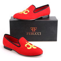 Handmade FERUCCI Men Red Velvet Slippers Flats loafers with Fleur de Lys - £79.91 GBP