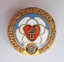 Vintage Lutheran Sunday School Lapel Pin 1/10 10K Gold Filled Enamel Heart 5/8”  - £5.82 GBP