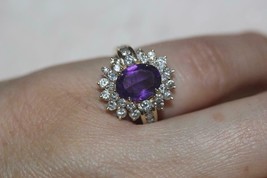 14K Yellow Gold Oval Purple Amethyst Diamond Halo Cluster 1.08ct tw Ring SZ 5.5 - £583.96 GBP