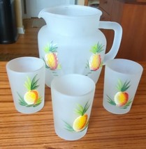 Frosted Painted Pineapple Federal Pitcher And 4 Hazel Atlas Juice Glasses - £30.68 GBP