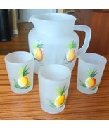 Frosted Painted Pineapple Federal Pitcher And 4 Hazel Atlas Juice Glasses - £30.26 GBP