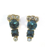 Vintage Blue Rhinestone Feet Shaped Earrings Screw Backs Gold Foot Jewelry - $11.85