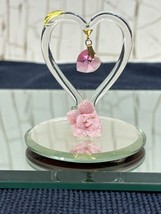 Glass Baron Figurines Heart Clear Gold w/ Pink Rose Flower  Delicate 2” T - £12.21 GBP