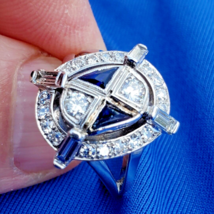 Diamond Sapphire Deco Gatsby style Engagement Ring Vintage Statement 18k Gold - $4,460.25
