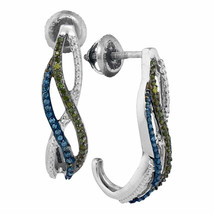 10k White Gold Womens Green Blue Color Enhanced Diamond Half J Hoop Earrings - £241.19 GBP