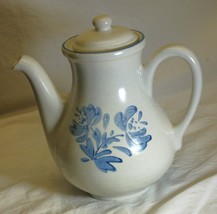 Yorktowne Pfaltzgraff Coffee Pot &amp; Lid Stoneware Blue Floral Blue Trim USA - $59.39