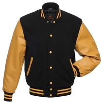 Letterman Varsity Bomber Baseball Jacket Black Body &amp; Gold Leather Sleeves - £88.50 GBP