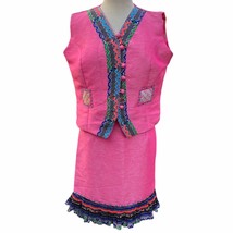 Vintage Boho Pink Embroidered Vest &amp; Skirt Set Zigzag Geometric Buttons OOAK M - $20.69