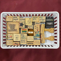 25 Piece Lot Of Teacher Mixed Rubber Stamps With Storage Tray - £19.59 GBP