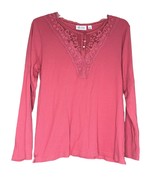 Denim &amp; Co. Womens Top Large Coral Pink Floral Cotton Lace Yolk Long Sle... - $18.58