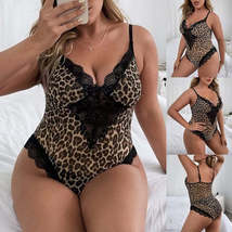 Women Leopard Print Bodysuit One-piece Spaghetti Strap Sleeveless V-neck... - £31.70 GBP