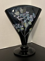 Fenton Blue Purple Flowers Black Fan Vase Signed by Scott K Fenton &amp; Art... - $71.05