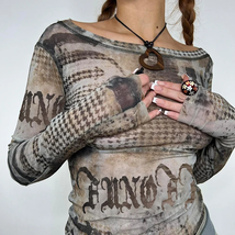 Grunge Vintage Mesh Crop Top Y2K Vintage Print Long Sleeves Sexy Perspec... - £11.76 GBP+