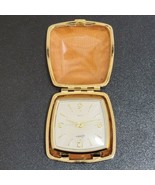 Vintage Linden Tan Clam Shell Leather Case Wind Up Travel Alarm Clock MC... - $40.45 CAD