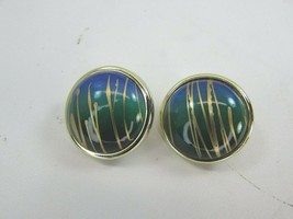 Vintage Goldtone Blue Green Button Earrings 1980&#39;s Gold Tone 35075 - £9.33 GBP