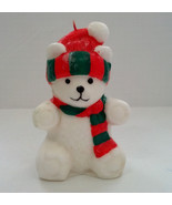 Vintage Christmas white bear with red  green scarf hat wax candle winter... - $19.75