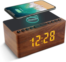 Wooden Wireless Charger Digital Alarm Clock FM Radio 10W Fast Charging Station - £42.47 GBP