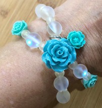  Turquoise Rose White Iridescence2 Strand Layered Handmade Bracelet Stretch - £31.96 GBP