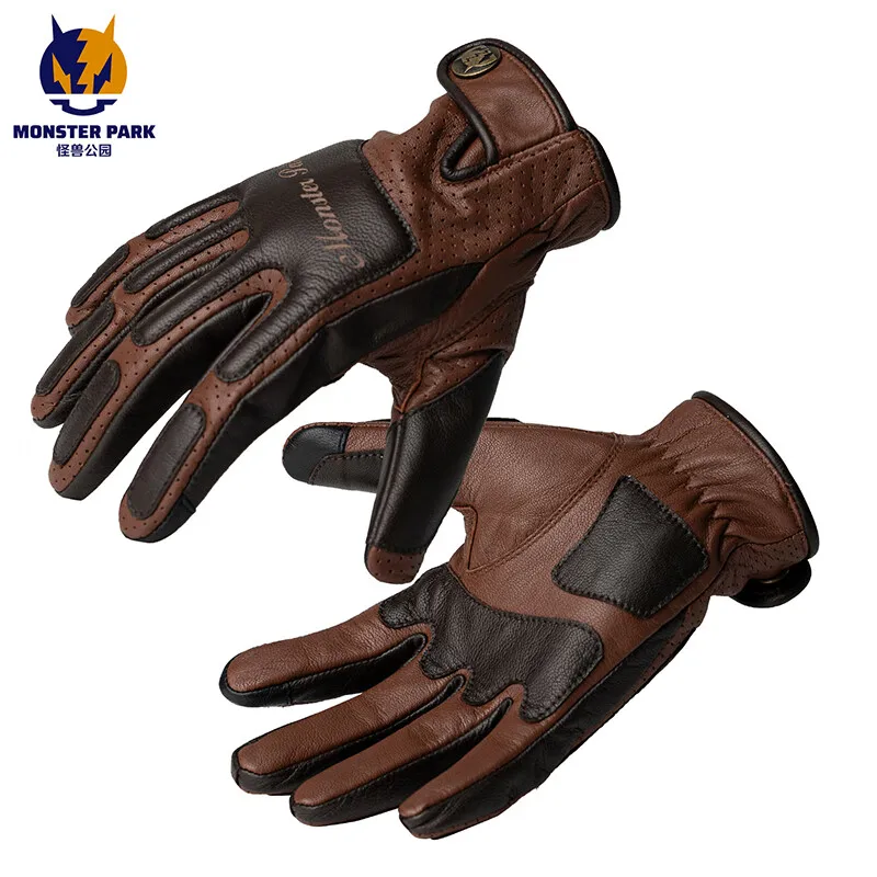  PARK Brown Motorcycle Gloves Vintage Leather Full Finger Motorbike Equipment Wo - £337.79 GBP