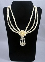 1990's 3-Strand Faux Pearl Necklace Stationary Cluster Pendant Teardrop Dangles - $4.89