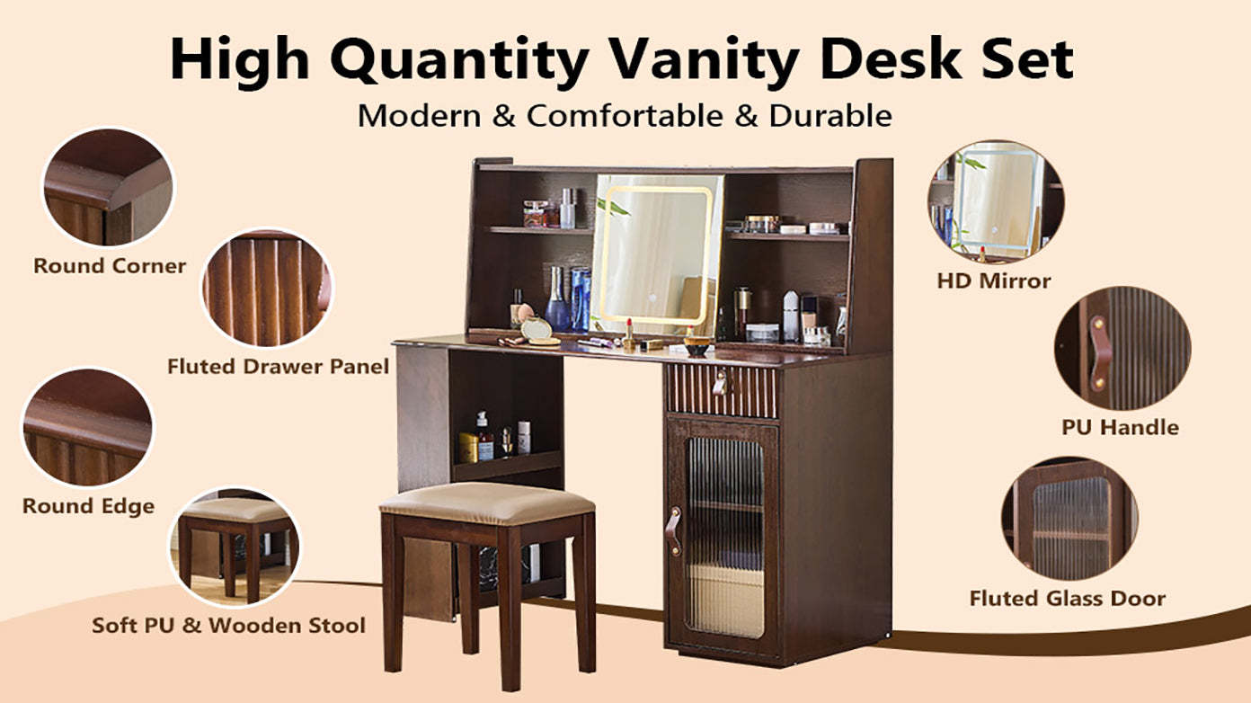 Modern Walnut Makeup Vanity Desk: Lighted Mirror & Storage Item image 14