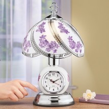 3-Way Touch Table Lamp Rose Glass Panel Silver Base Analog Clock Decor LAVENDER - £39.83 GBP